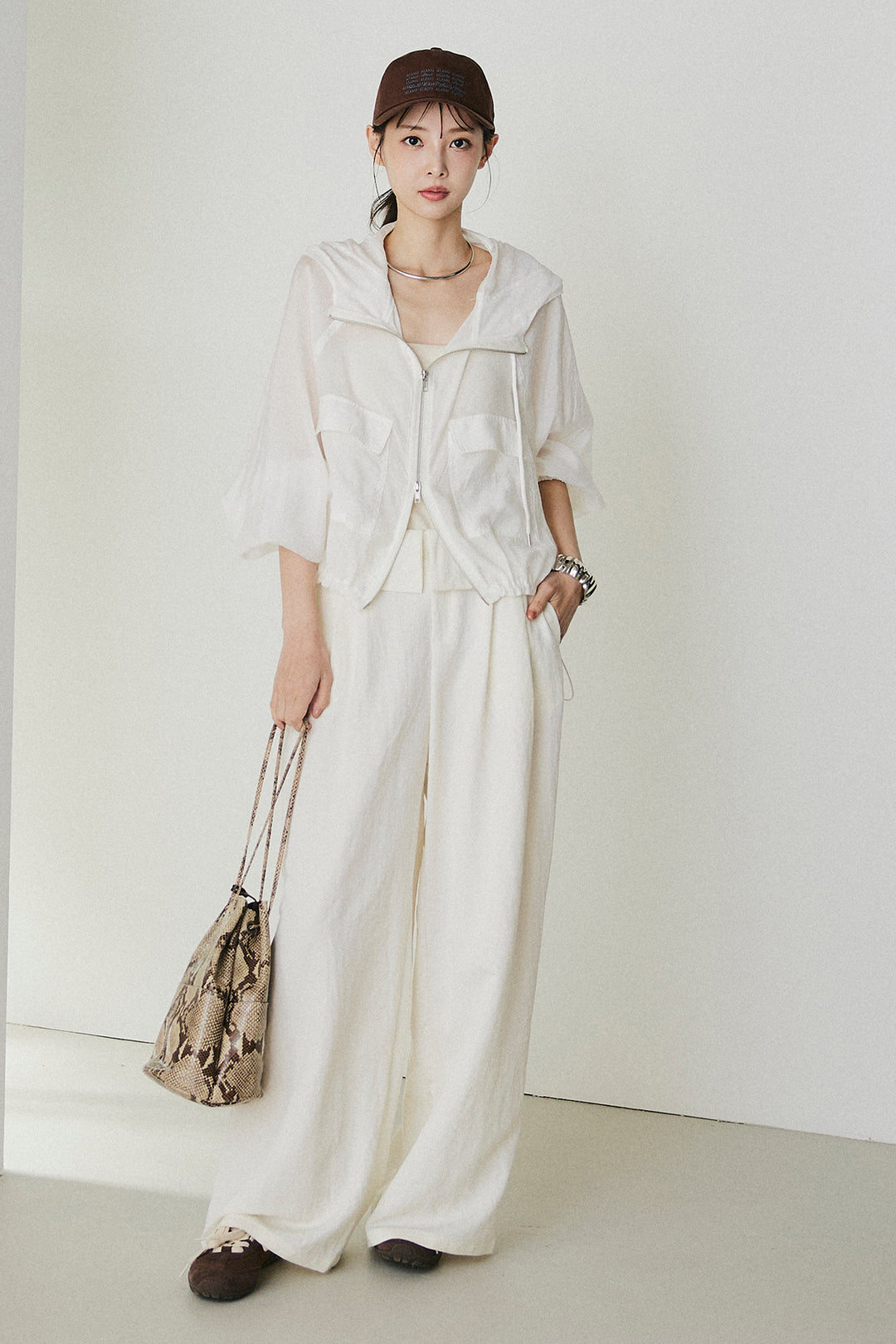 [SET]裾ドロストシアーWジップフーディーブルゾン+ウエスト折り返しワイドパンツ(2set)