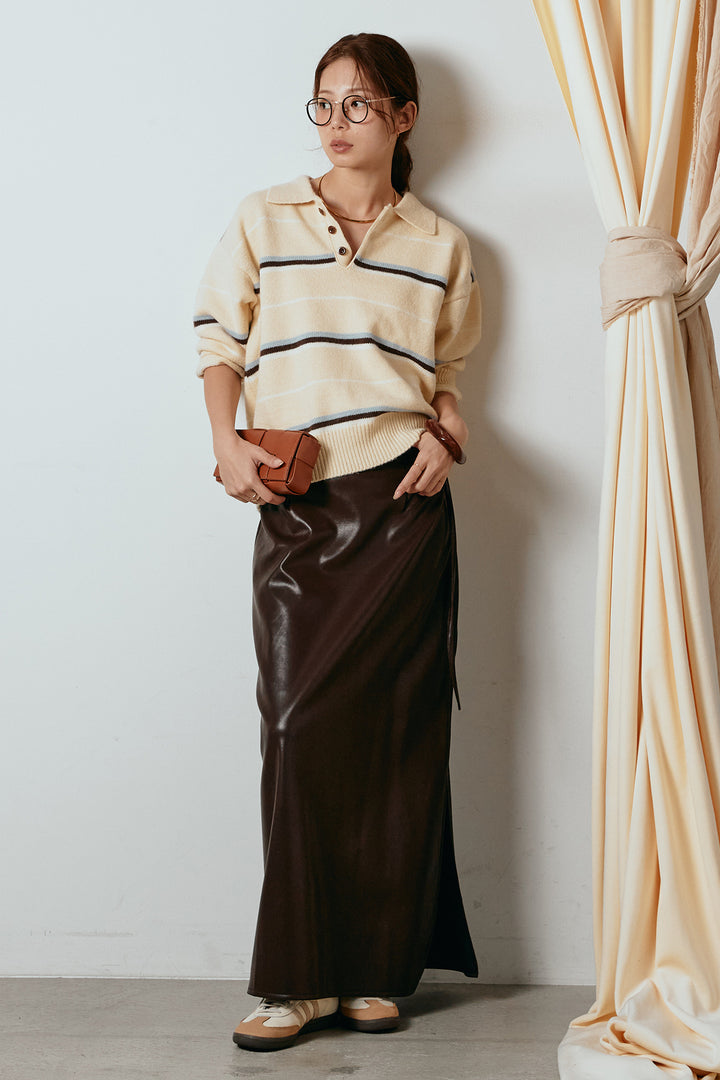 [SET]襟付きマルチボーダーニットポロトップス+紐付きフェイクレザーワイドスカート(2set)