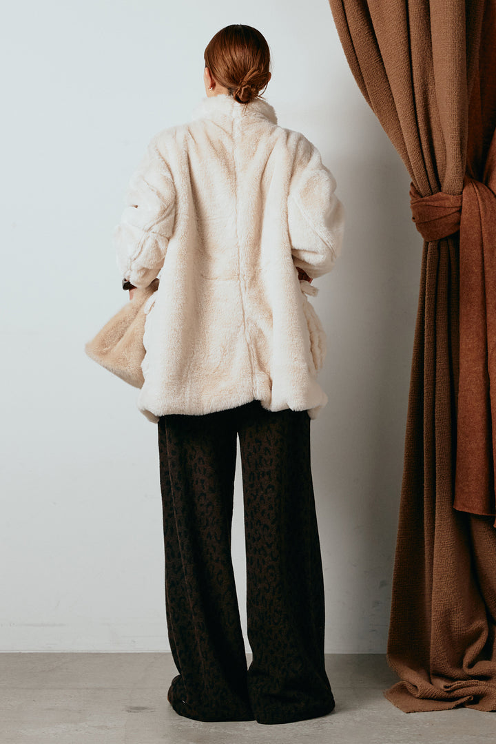 [SET]スタンドネックファーコート+レオパードジャガードニットパンツ(2set)