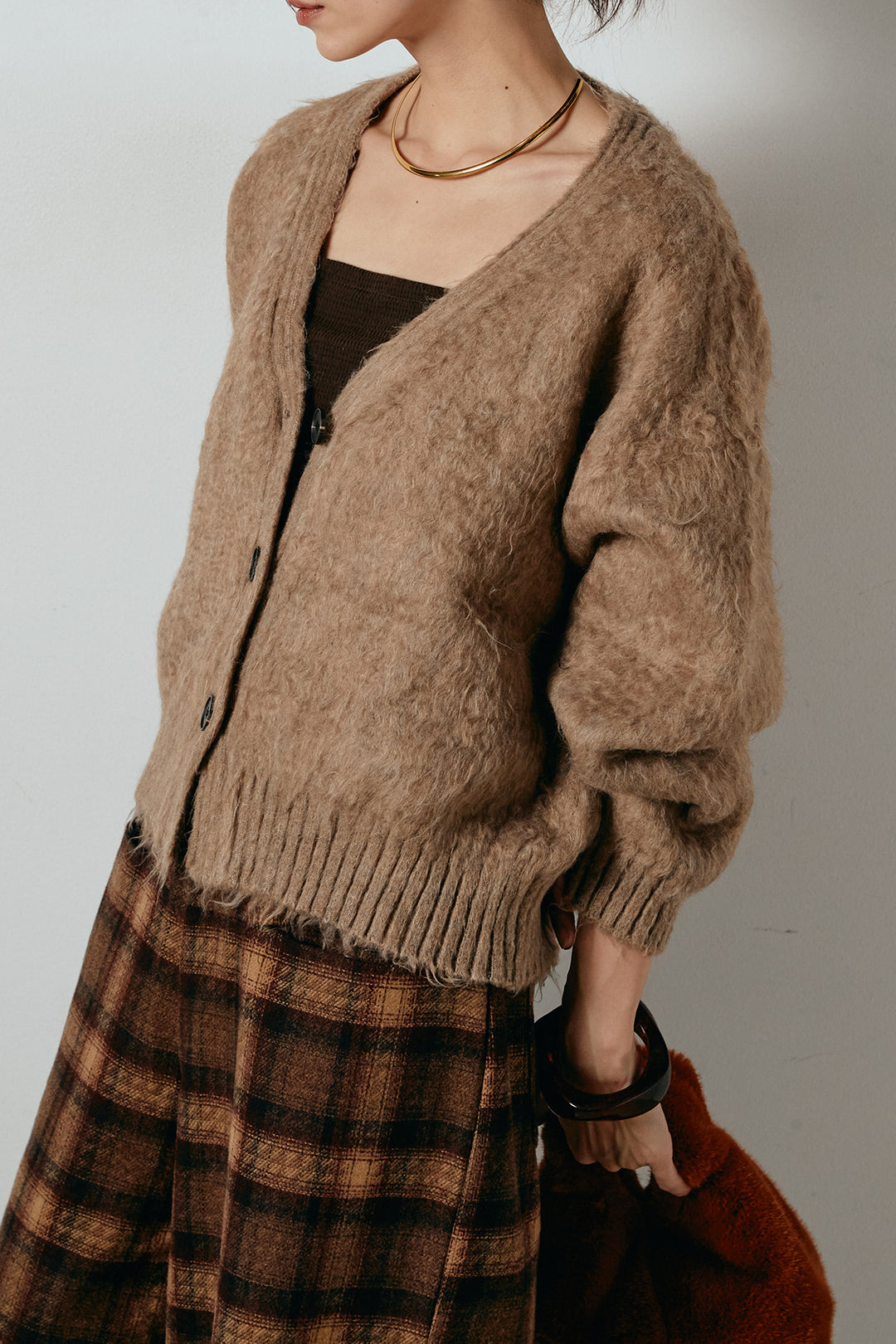 起毛ボタンニットカーディガン/カーキ