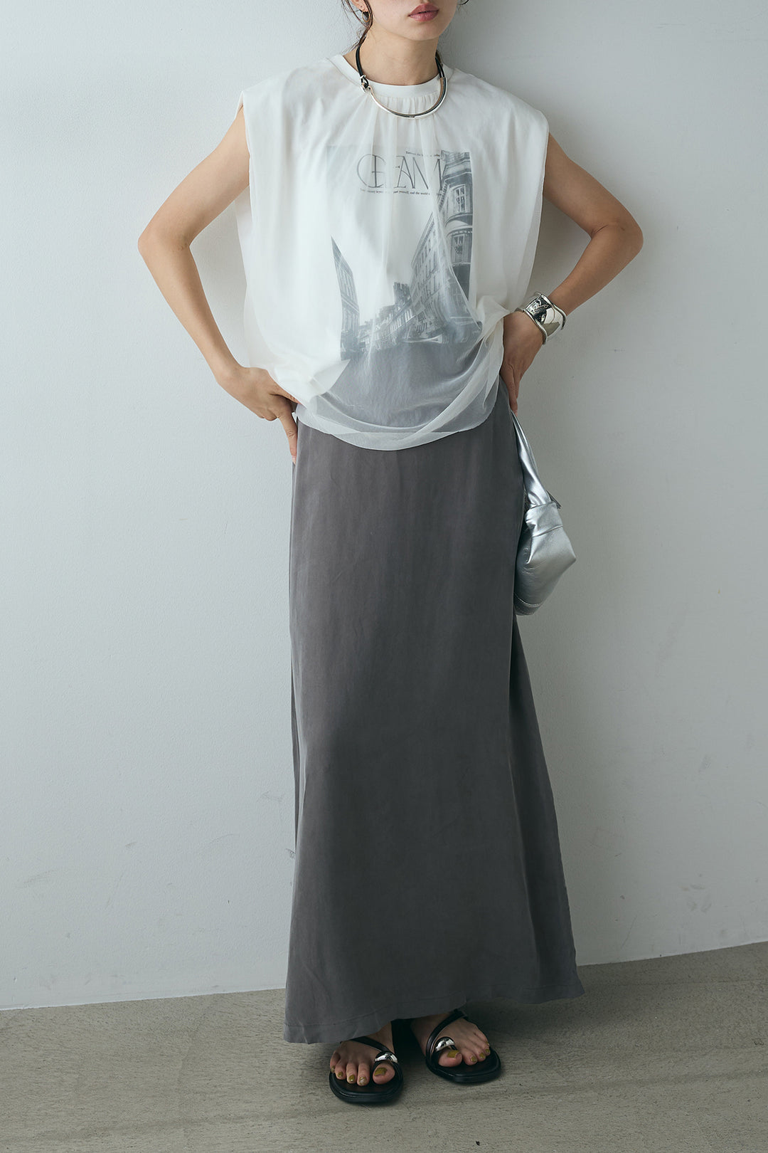 [SET]チュールレイヤードフォトプリントTシャツ+キュプラロングスカート(2set)