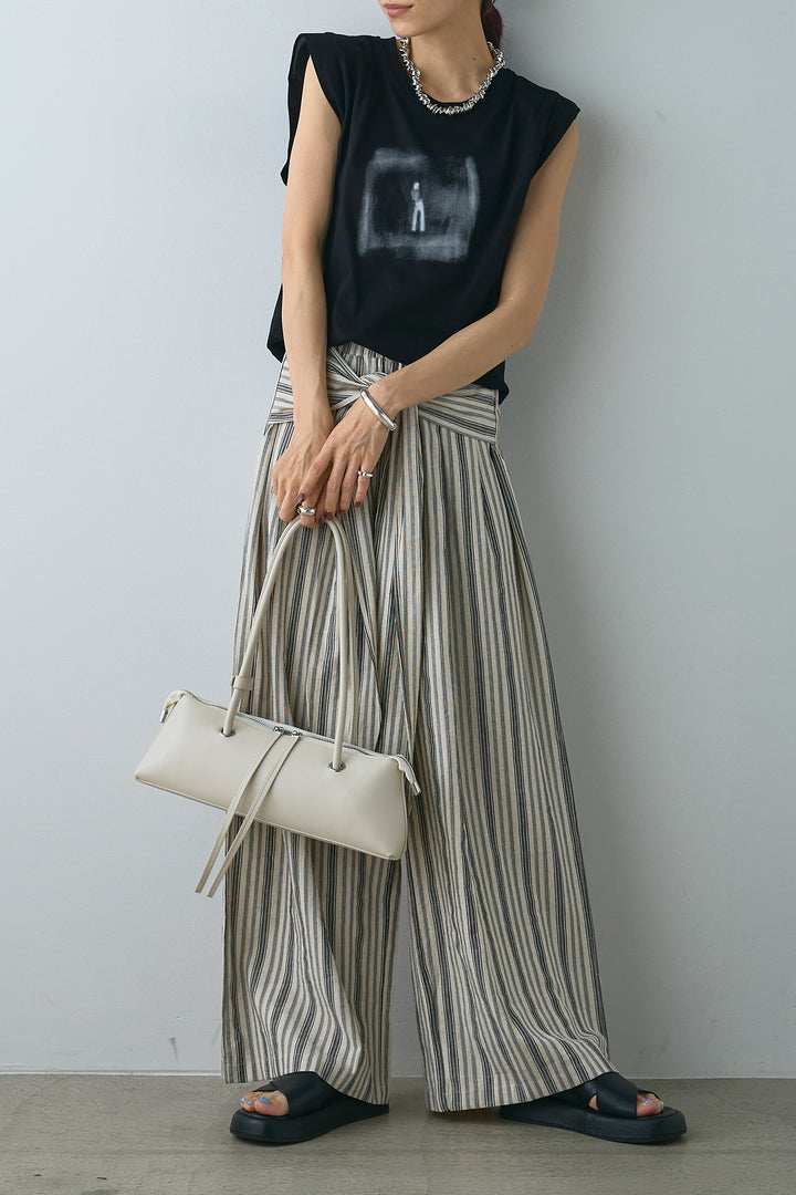 [SET]ぼかしプリントノースリーブTシャツ+フロントラップベルトパンツ(2set)