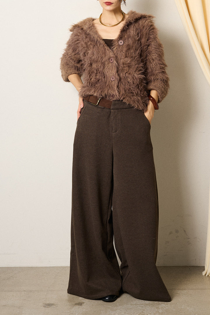 [SET]襟付きシャギーニットカーディガン+サイドベルトパンツ(2set)