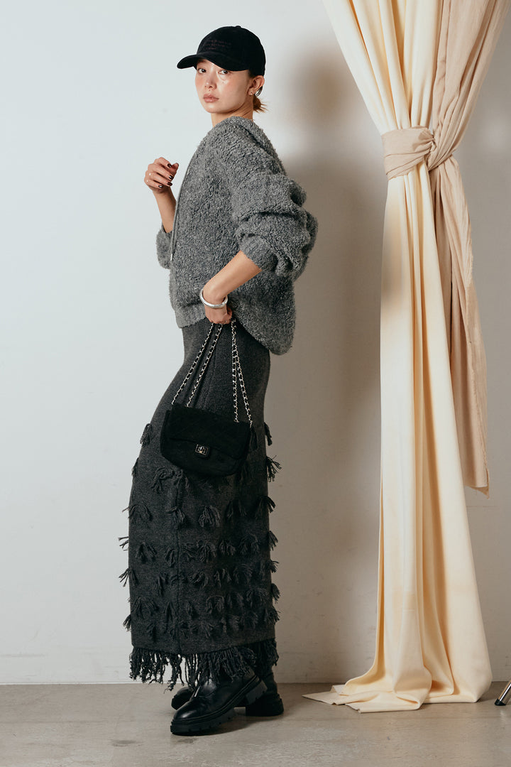 [SET]ブークレキーネックプルオーバー+ポイントフリンジニットナロースカート(2set)