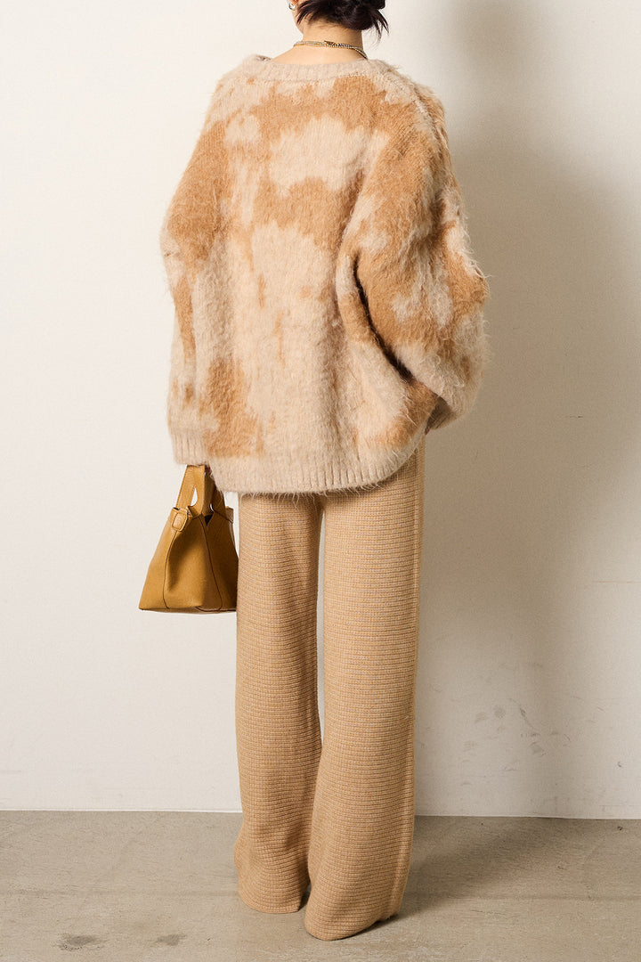 [SET]モヘアタッチマーブルニット+箔プリントBIGシルエットロングスリーブTシャツ+ワイドリブニットイージーパンツ(3set)