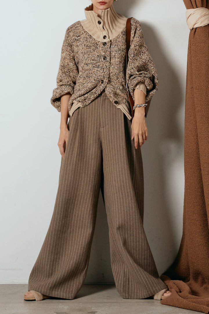 [SET]ハイネックミックスニットカーディガン+ウールライクストライプパンツ(2set)
