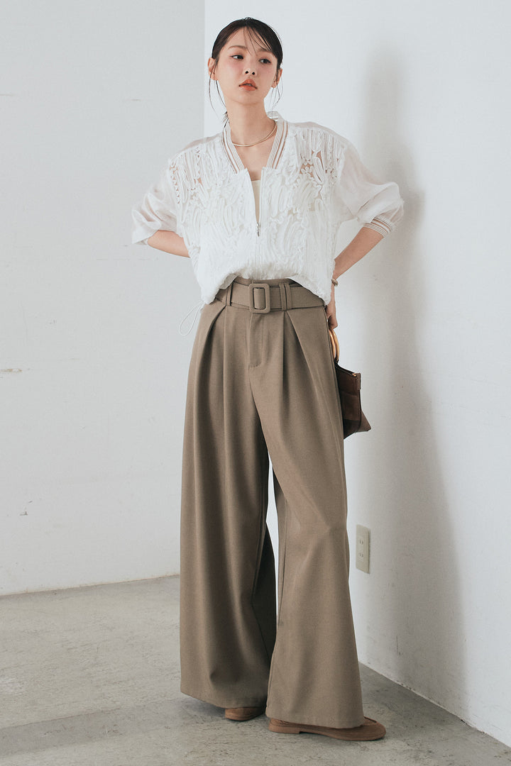 [SET]モチーフ付きシアーブルゾン+ベルト付きツータックワイドパンツ(2set)