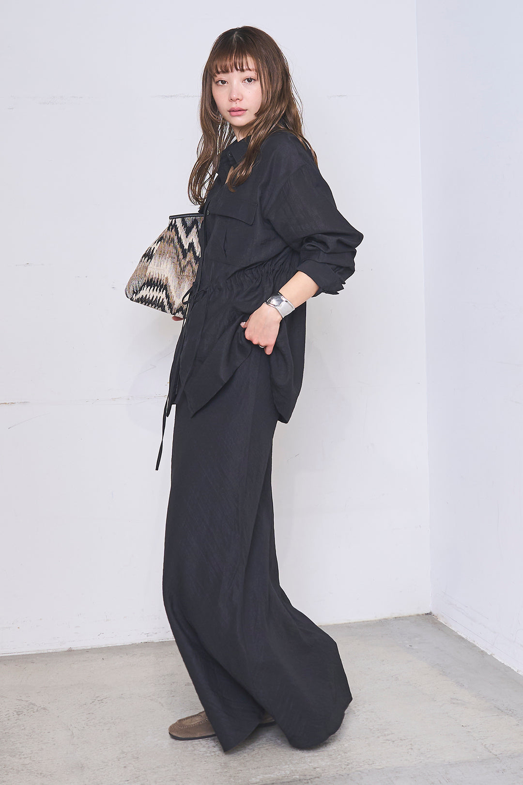 [SET]リネンブレンドシアーサファリシャツ+リネンブレンドロングナロースカート(2set)