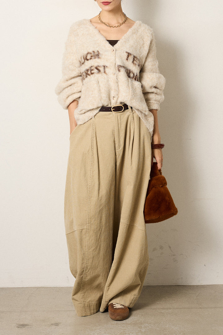 [SET]ウール混透かしロゴニットカーディガン+タック入りコーデュロイワイドパンツ(2set)