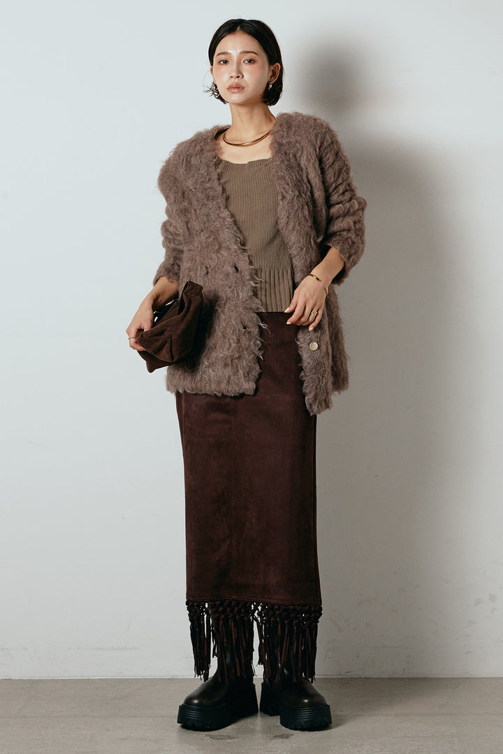 [SET]ウェーブシャギーニットジャケット+スウェードライク裾フリンジスカート(2set)
