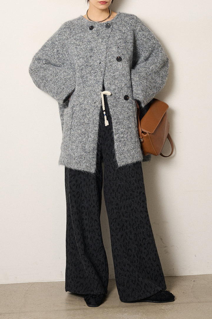 [SET]アシンメトリーボタンニットカーディガン+レオパードジャガードニットパンツ(2set)