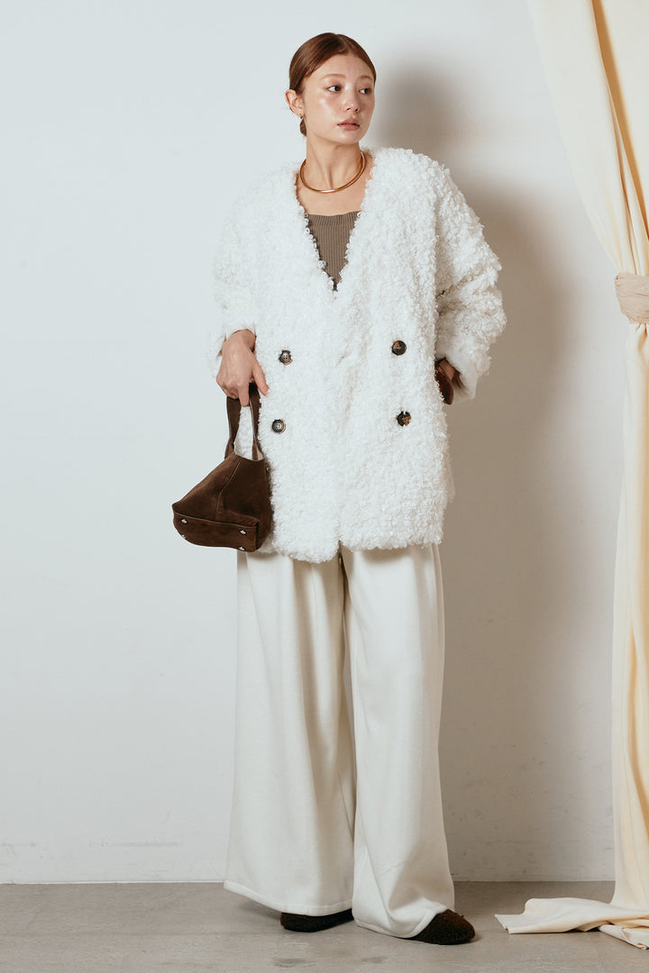 [SET]シープライクファージャケット+フェイクレザー太ベルト付きタックワイドパンツ(2set)