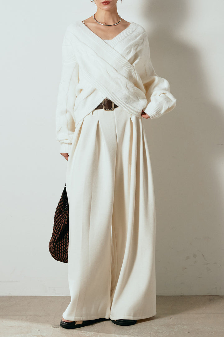 [SET]ケーブルカシュクールニットトップス+フェイクレザー太ベルト付きタックワイドパンツ(2set)