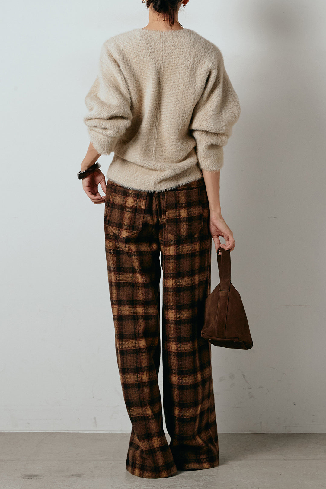 [SET]シャギーカシュクールニットトップス+ルーズタータンチェックワイドパンツ(2set)