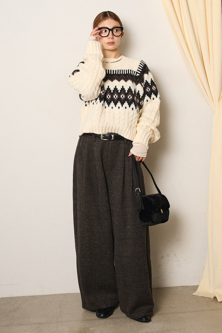 [SET]2WAY求心柄ジャガードショートカーディガン+起毛タック入りツイードワイドパンツ+2WAY袖コード刺繍クルーネックプルオーバー(3set)