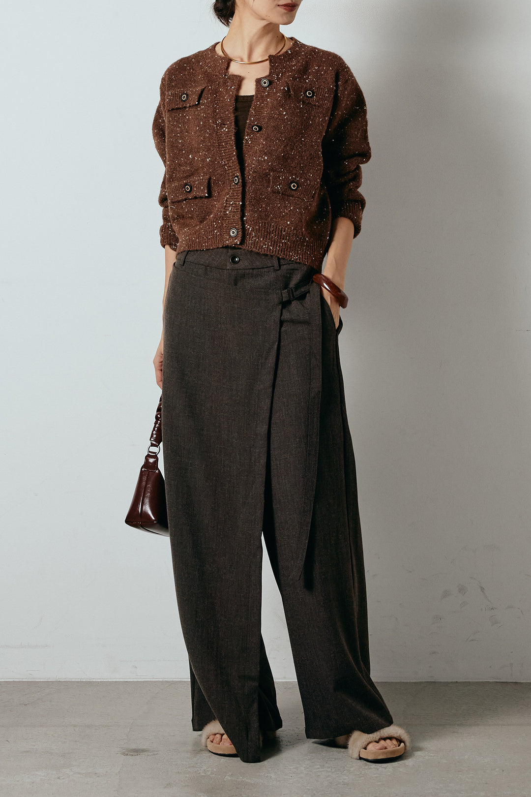 [SET]ネップニットカーディガン+ラップ巻きワイドスラックス(2set)