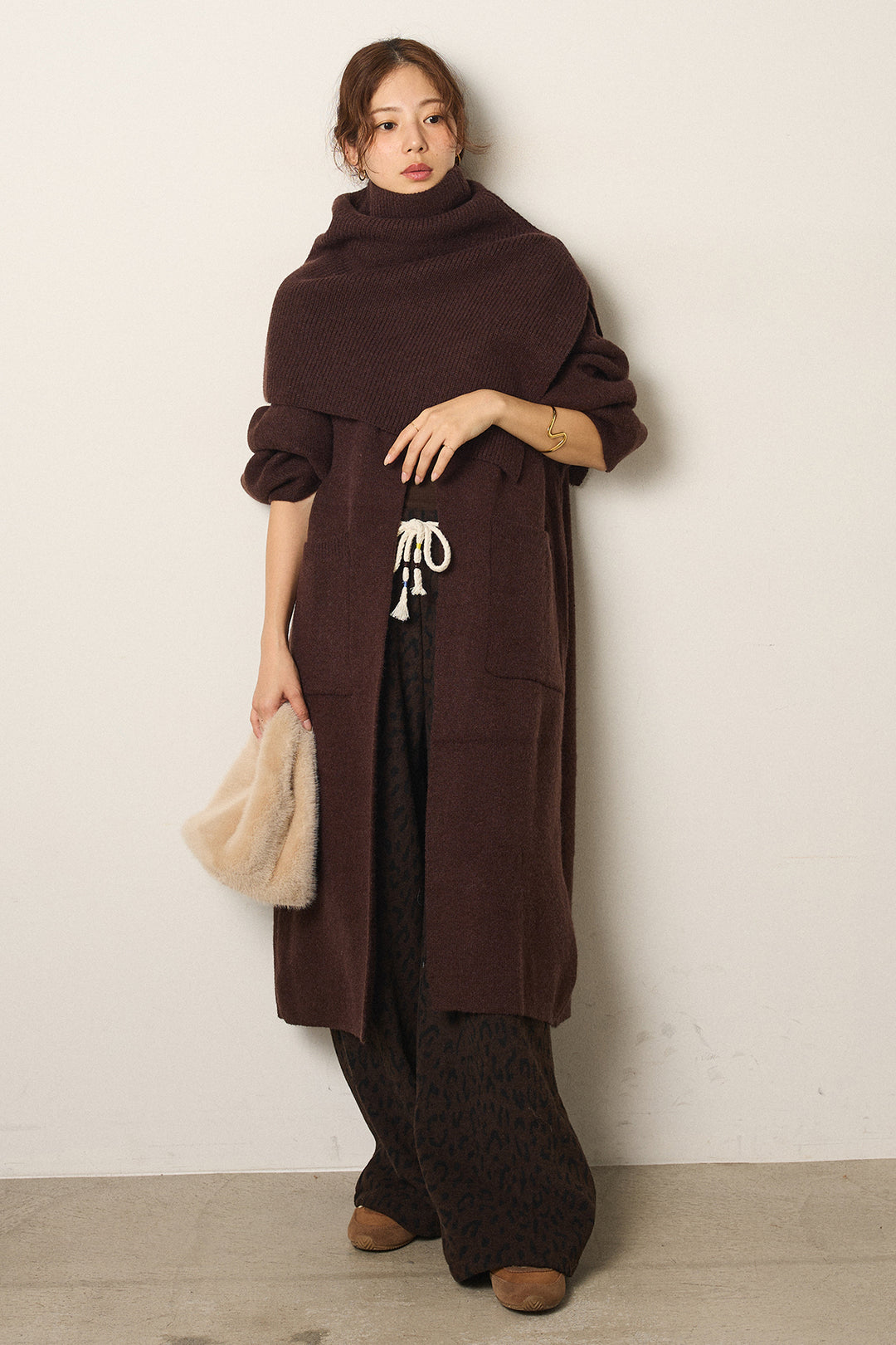 [SET]ケープレイヤードロングカーディガン+レオパードジャガードニットパンツ(2set)