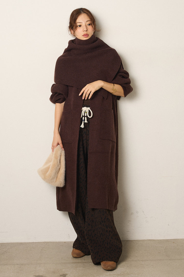 [SET]ケープレイヤードロングカーディガン+レオパードジャガードニットパンツ(2set)