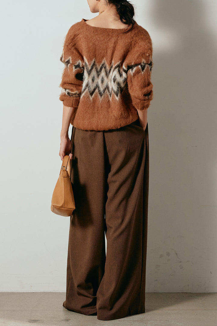 [SET]起毛ノルディック柄ニットカーディガン+ウエストステッチデザインワイドスラックス(2set)