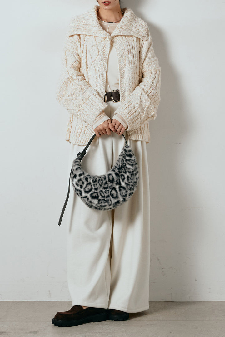 [SET]ビッグカラーケーブル編みニットトップス+フェイクレザー太ベルト付きタックワイドパンツ(2set)