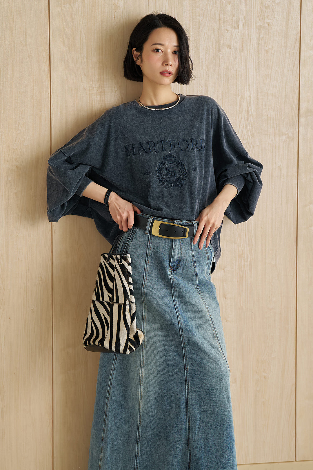 [SET]袖ボリュームHARTFORD刺繍Tシャツ+切替デニムロングスカート(2set)