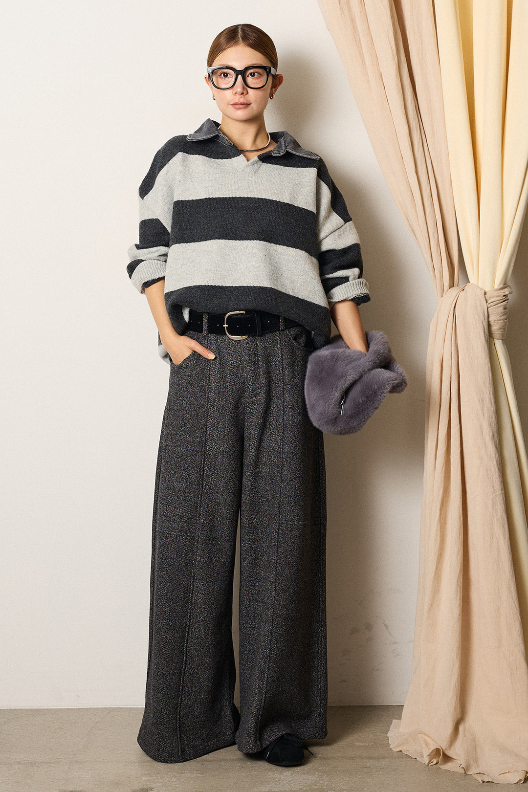 [SET]デニムカラーボーダールーズニット+太ベルト付きツイードワイドパンツ(2set)