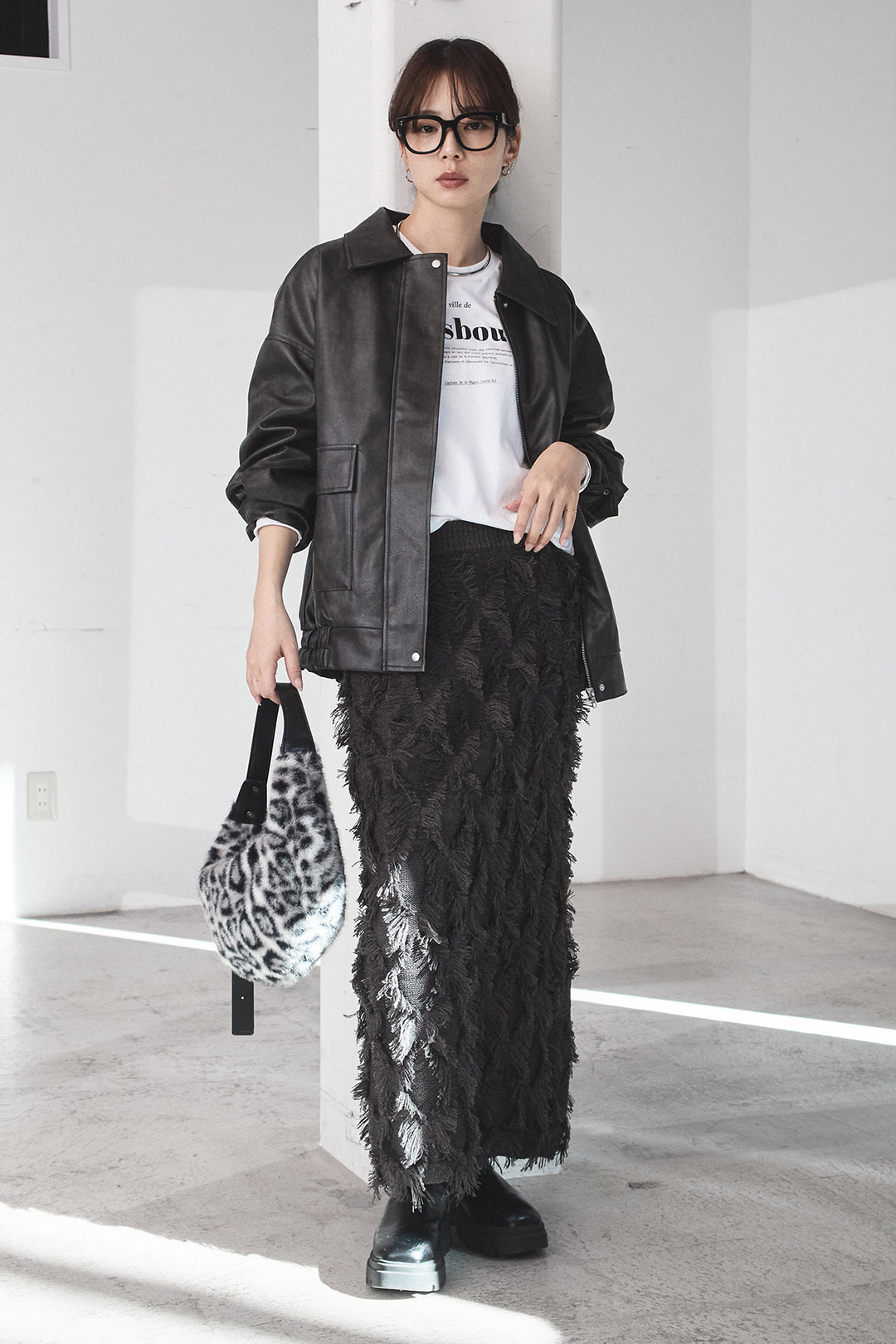 [SET]レザーライクオーバーサイズブルゾン+カットフリンジニットタイトスカート(2set)