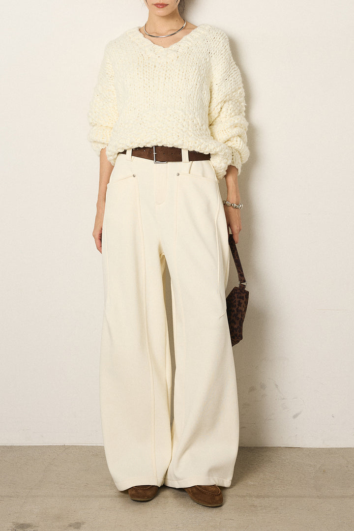 [SET]Vネックハンド編みニットトップス+太ベルト付きスウェットワイドカーブパンツ(2set)