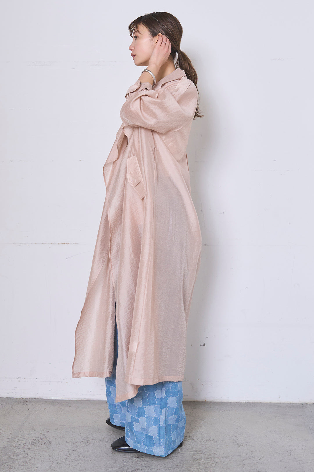 [SET]ロングシアーアウター+パッチワーク風デニムワイドパンツ(2set)