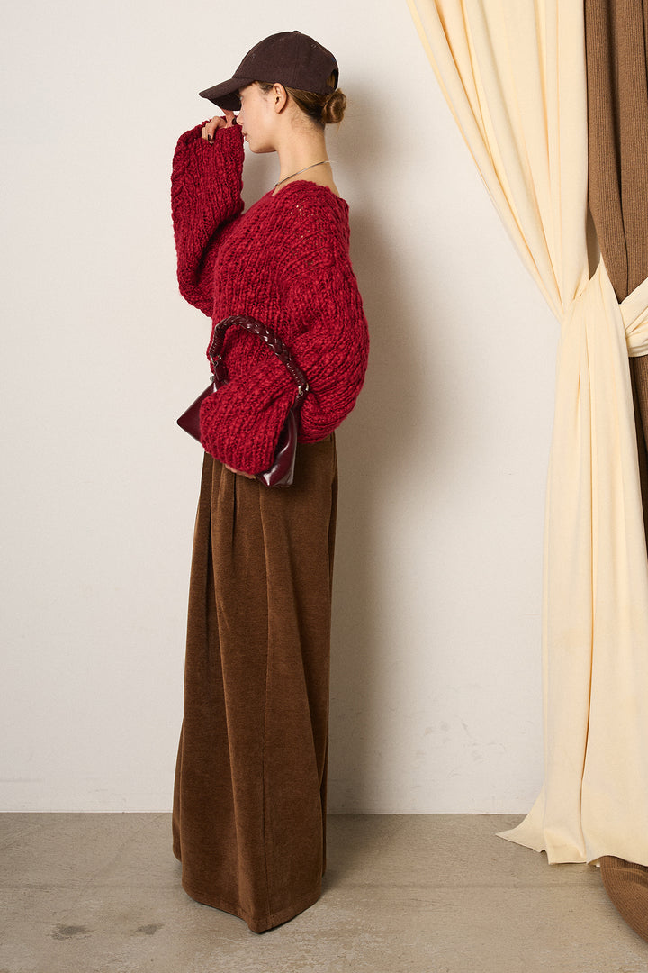 [SET]チャンキースラブニットクロップドプルオーバー+ベルトループコーデュロイワイドパンツ(2set)