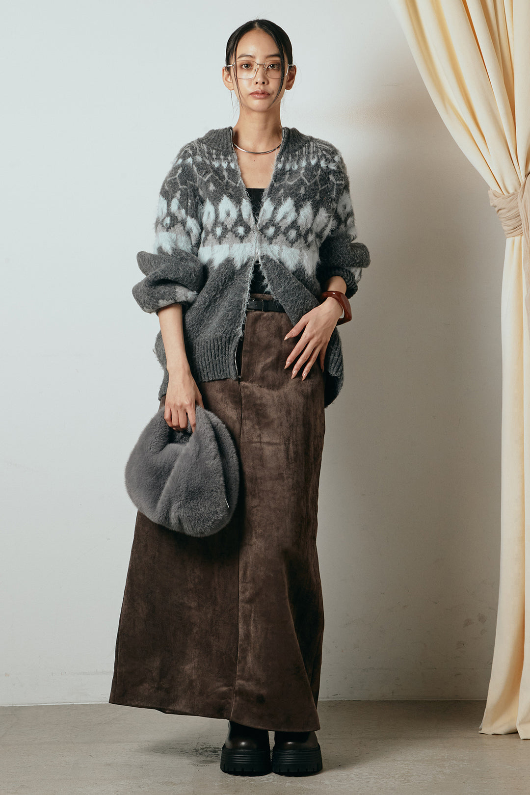 [SET]起毛ダブルジップパターンニットカーディガン+エコスウェードワイドスカート(2set)
