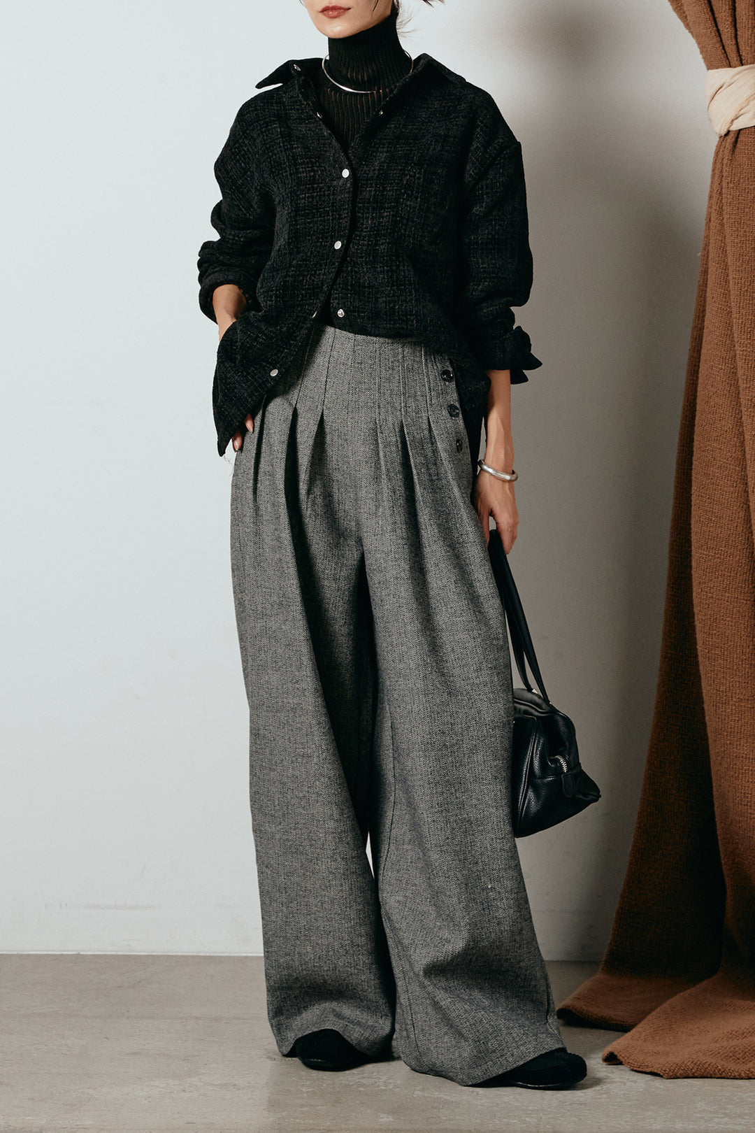 [SET]ルーズクラッシュツイルシャツ+サイドボタンツイードタックパンツ(2set)