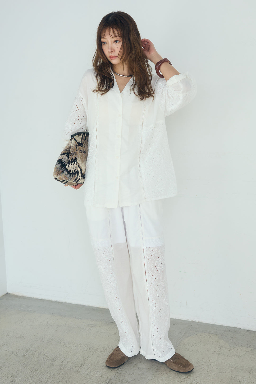 [SET]ローンレースオープンカラーシャツ+ローンレースイージーパンツ(2set)