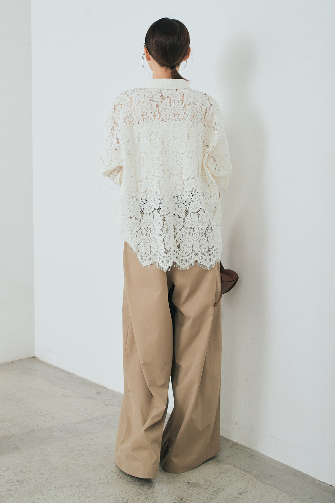 [SET]レース裾スカラップシャツ+ベルトループデザインハイウエストタックパンツ(2set)