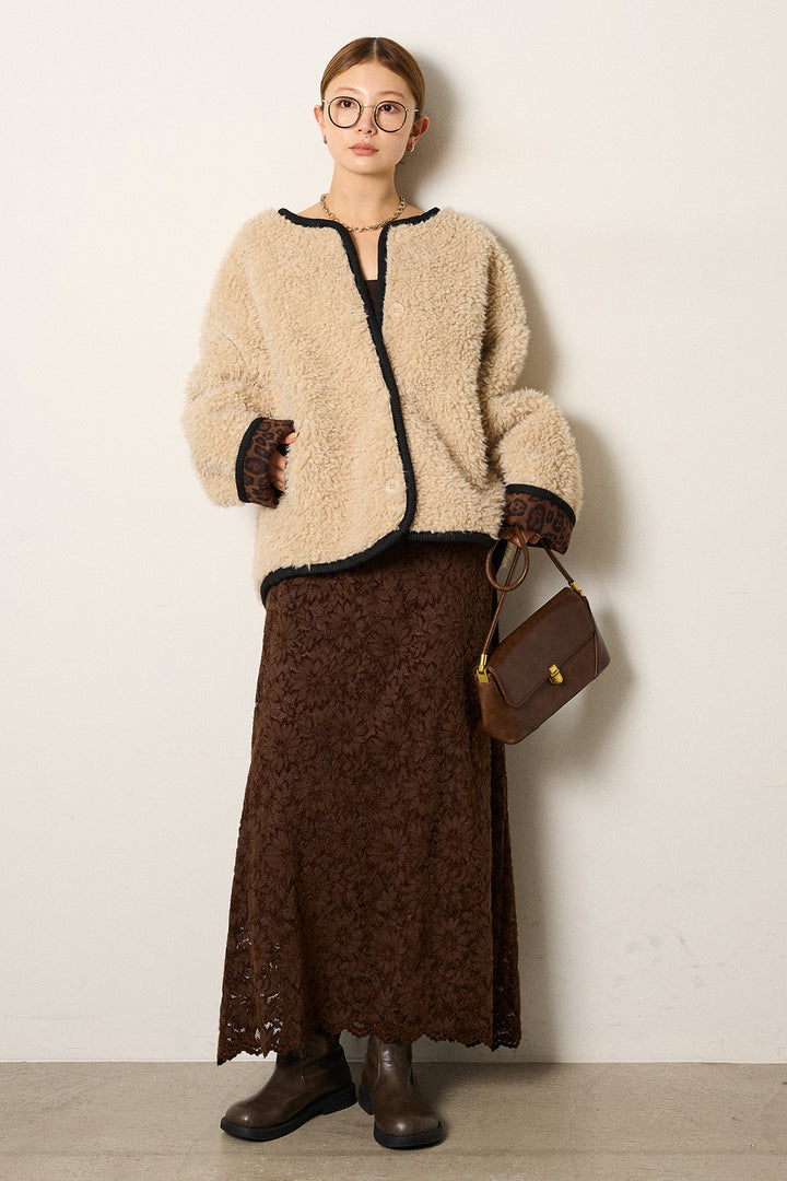 [SET]ノーカラー裏地レオパードボアアウター+花柄刺繍ベロアフレアスカート(2set)