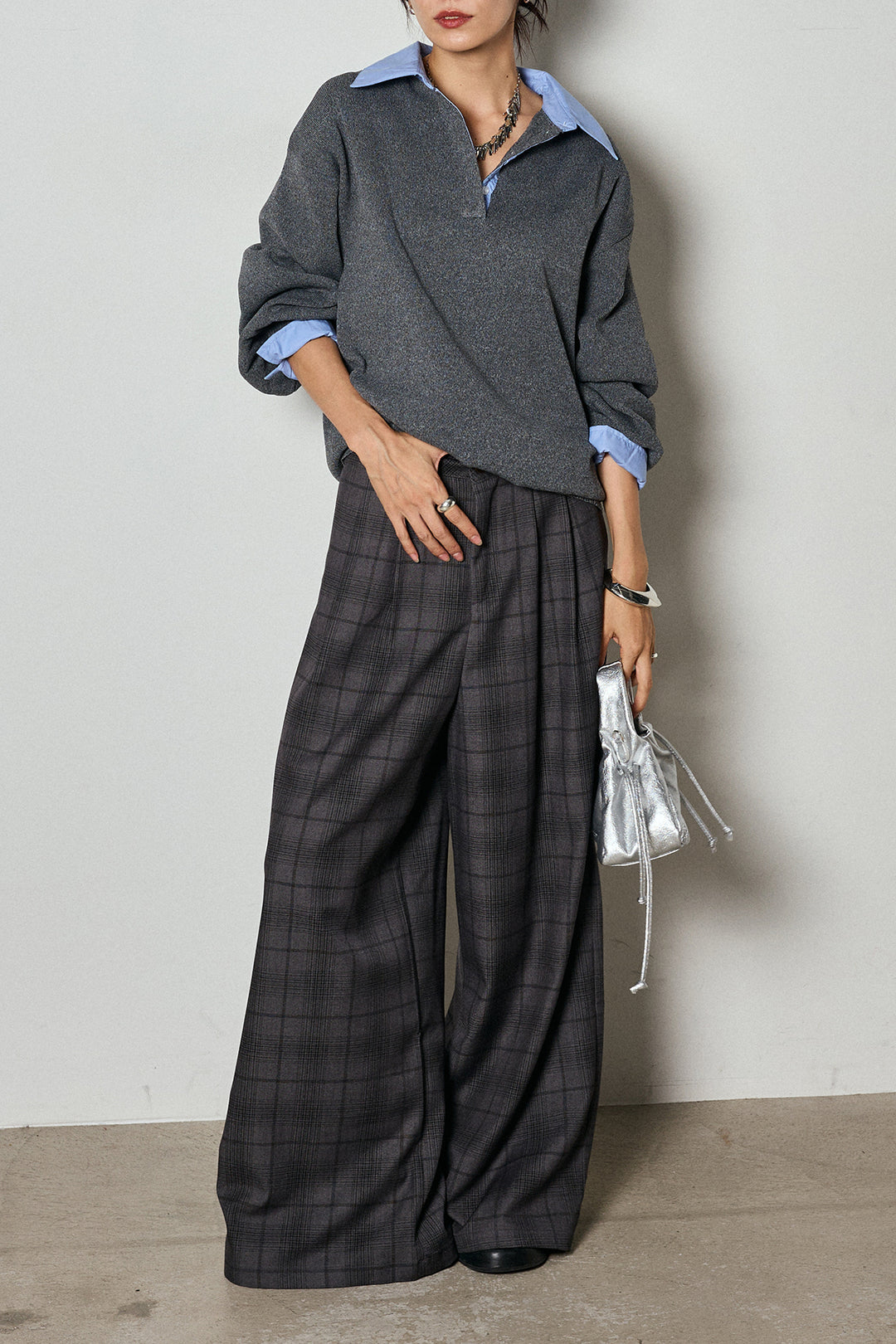 【即納】タック入りタータンチェックワイドパンツ