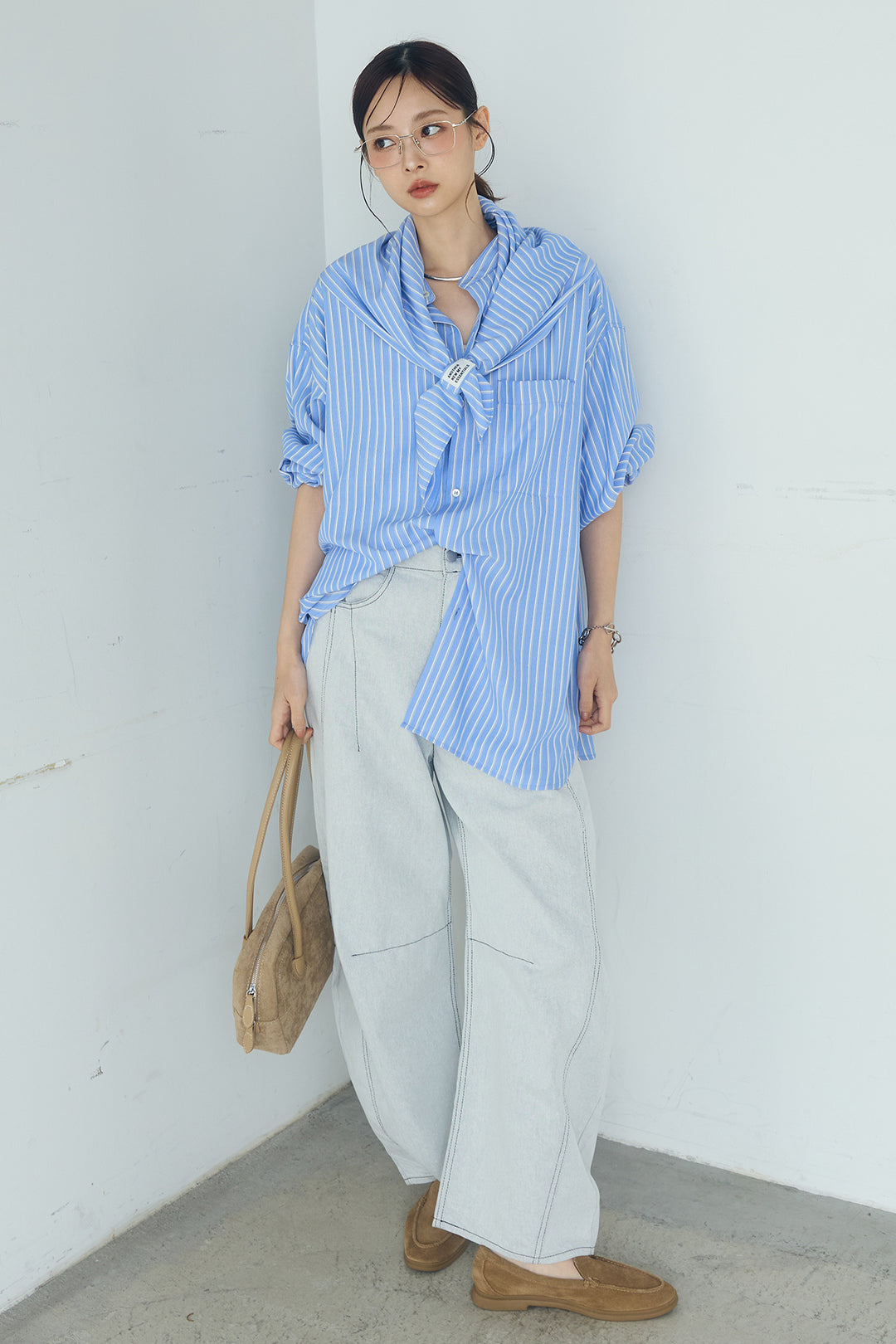 [SET]レーヨンストライプスカーフ+ツイル配色ステッチバレルパンツ+レーヨンストライプバンドカラー長袖シャツ(3set)