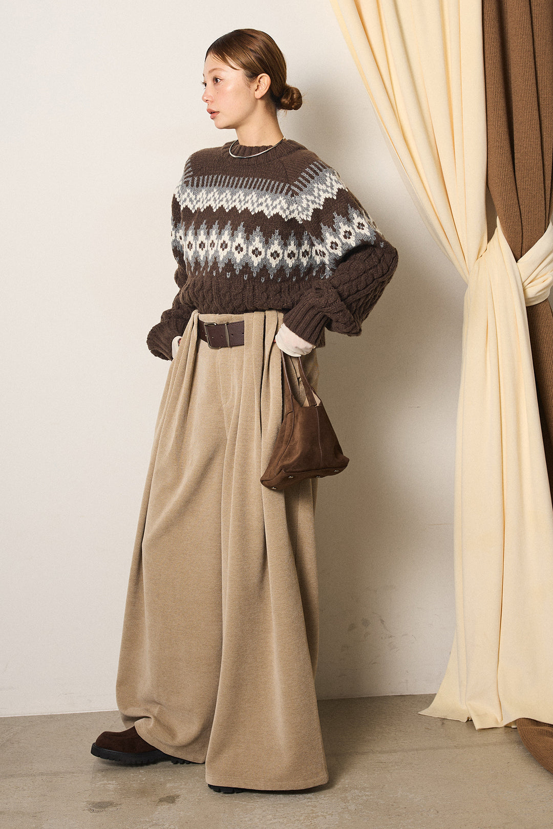 [SET]2WAY求心柄ジャガードショートカーディガン+ベルトループコーデュロイワイドパンツ+2WAY袖コード刺繍クルーネックプルオーバー(3set)