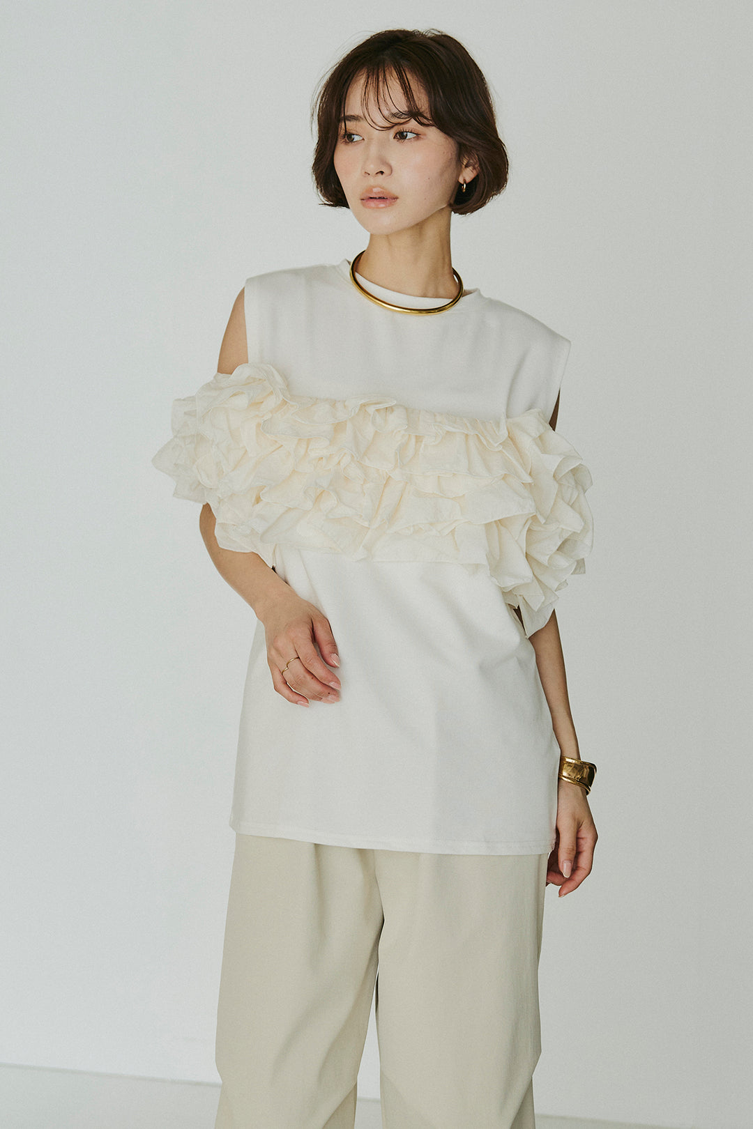 [SET]天竺ナイロンドッキングビスチェ風トップス+ニーサイドタックウエストドロスパンツ(2set)