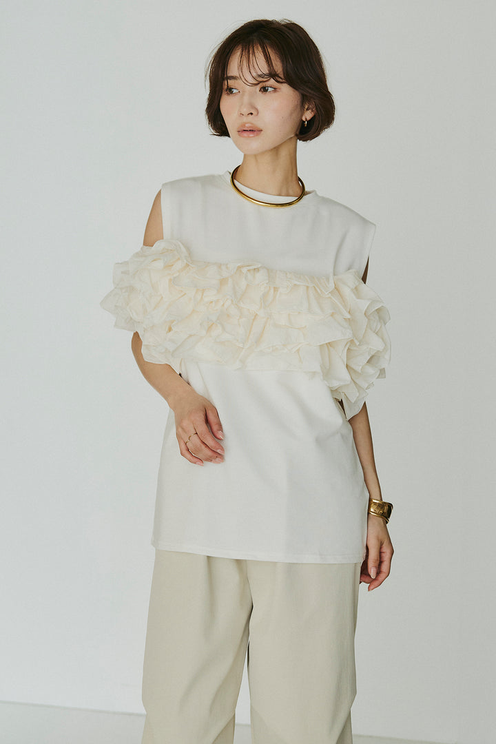 [SET]天竺ナイロンドッキングビスチェ風トップス+ニーサイドタックウエストドロスパンツ(2set)