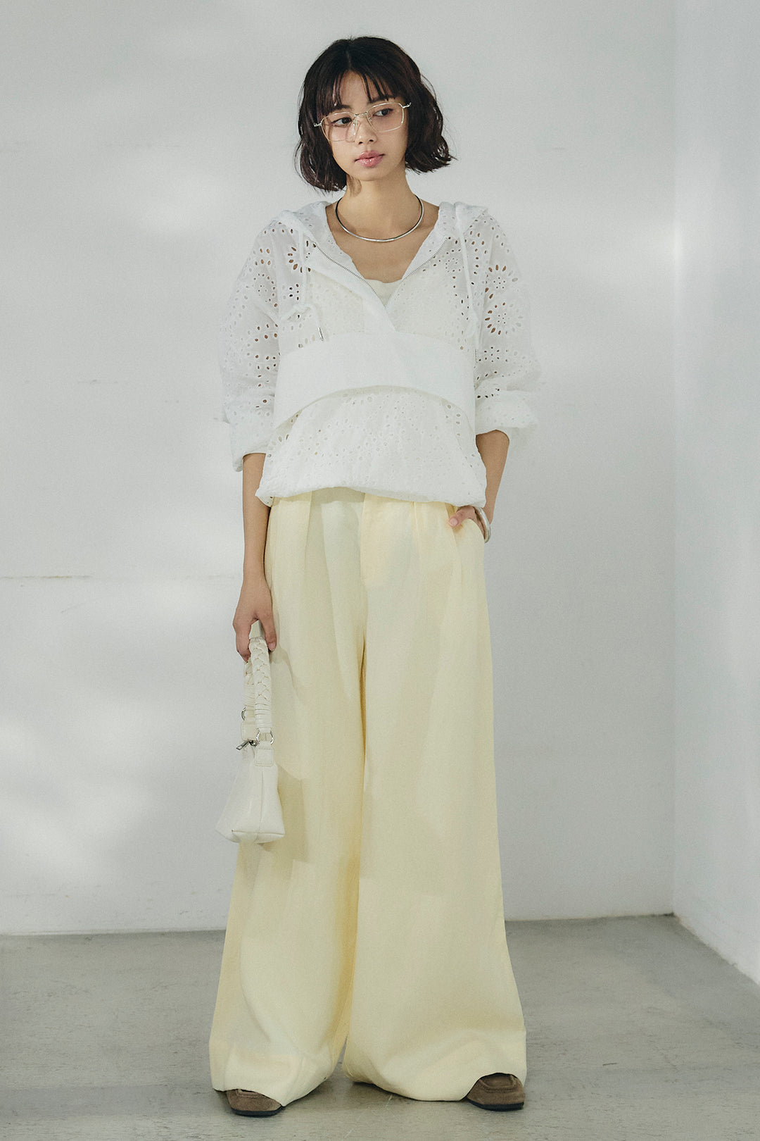 [SET]レースハーフジップアップフーディー+リネン混タックストレートワイドパンツ(2set)