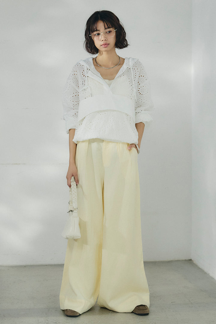 [SET]レースハーフジップアップフーディー+リネン混タックストレートワイドパンツ(2set)