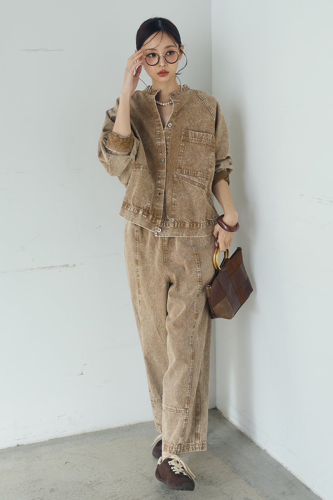 [SET]カラーデニムケミカル加工ノーカラーブルゾン+カラーデニムケミカル加工コクーンパンツ(2set)