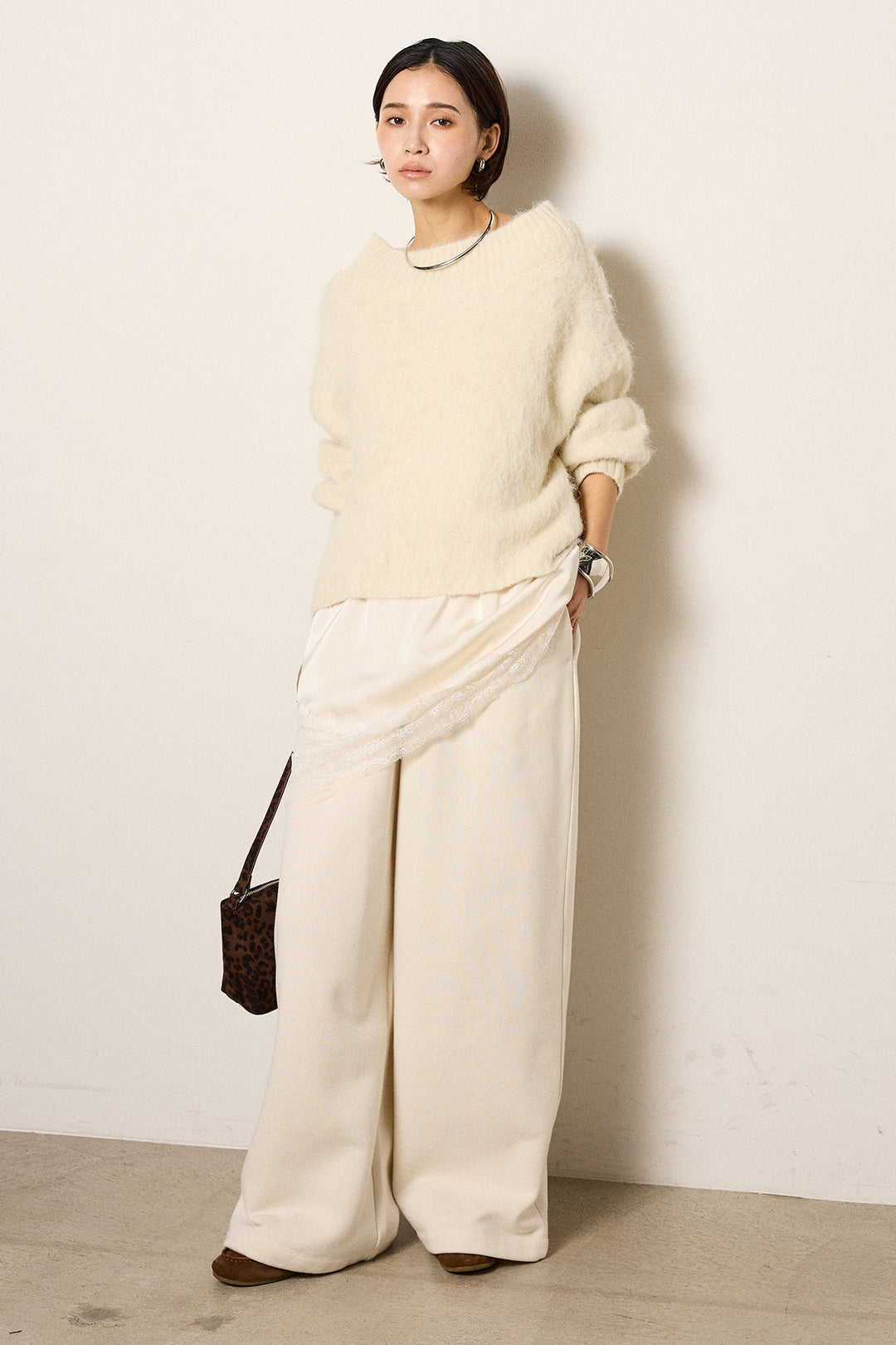[SET]アルパカタッチオフショルニット+裏起毛スウェットワイドパンツ(2set)