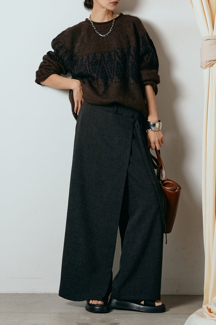 [SET]モノトーン柄ニットトップス+ラップ巻きワイドスラックス(2set)