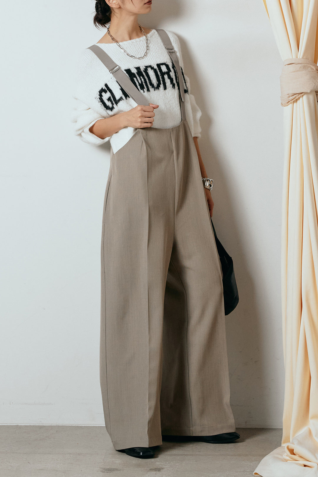 [SET]フロントロゴデザインニットトップス+ワイドツイルサロペット(2set)