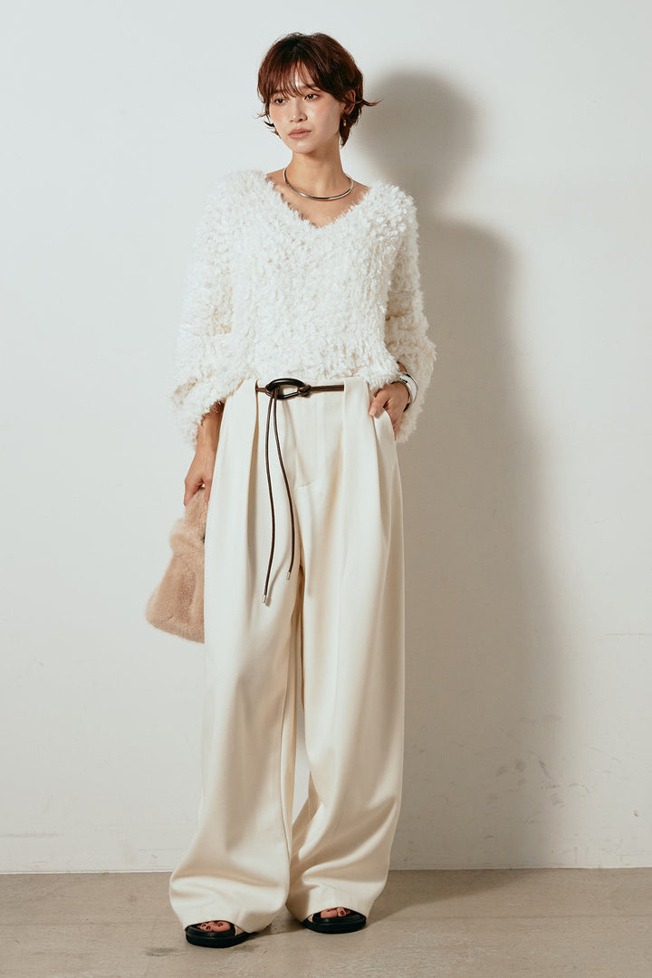 [SET]深Vネックチョウチョヤーンニットトップス+細フェイクレザーベルト付きワイドタックパンツ(2set)