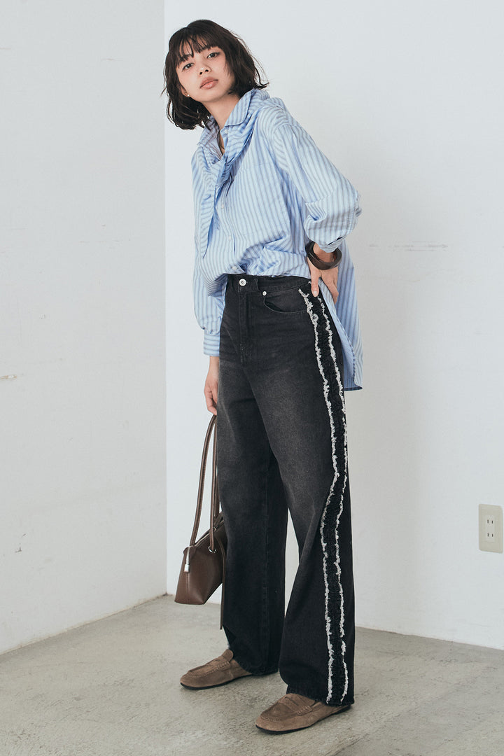 [SET]ランダムストライプスカーフ付きシャツ+デニムサイドフリルパンツ(2set)