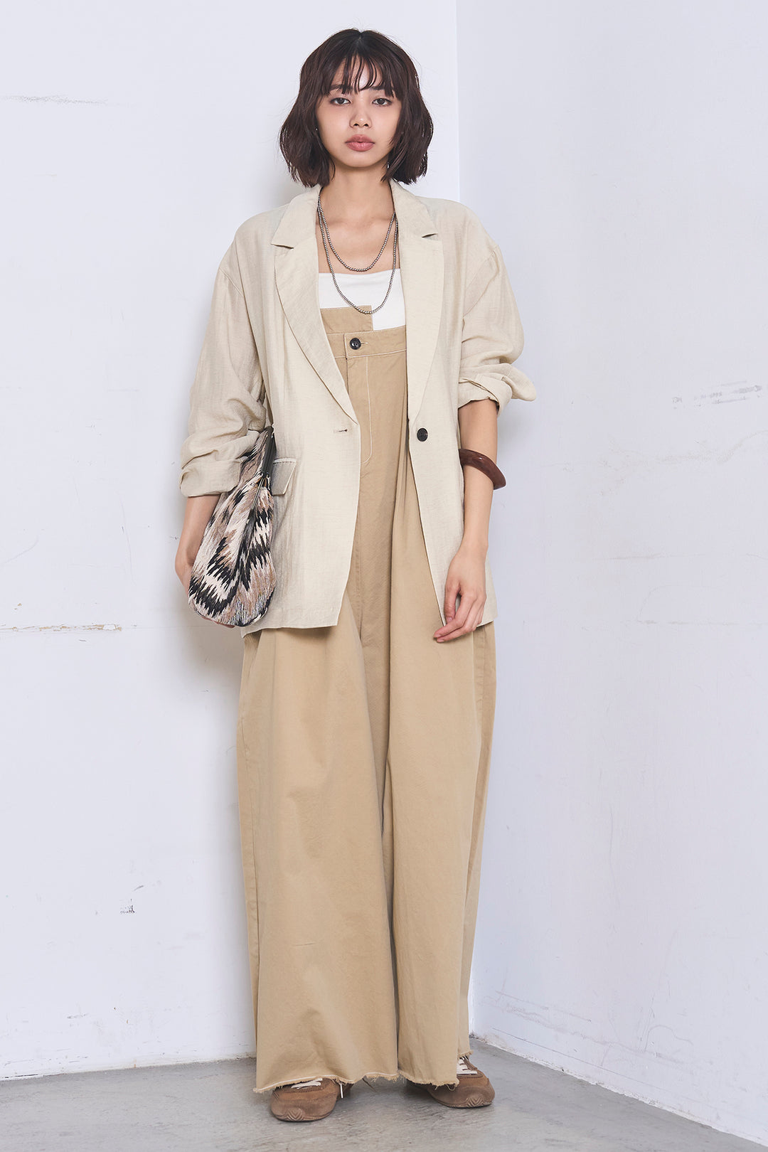 [SET]リネンブレンドテーラードシアージャケット+綿ツイルアシメサロペット(2set)