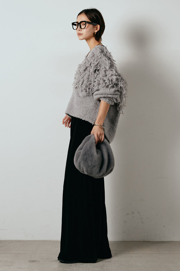 [SET]ループ編みVネックニットカーディガン+ベロアサスペンダー付きパンツ(2set)